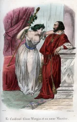 Lucrezia Borgia (1480-1519) con suo fratello Cesare Borgia. (Lucrezia e Cesare Borgia). Incisione del 1842 in “Histoire des popes: crimes, murders, poisonings, parricides, adulteres, incest...” di Maurice Lachâtre. Collezione privata.