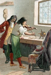 Liutaio Stradivarius (Antonio Stradivari) (1644-1737) nella sua bottega. Cromolitografia del XIX secolo
