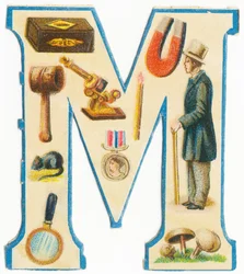 M: fiammiferi, magnete, martello, microscopio, topo, medaglia, uomo, lente d