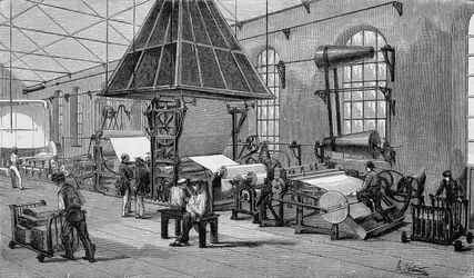 Macchina per la produzione continua di carta. Incisione XIX secolo