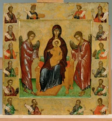 Madonna in trono, arcangeli e due santi, circondati