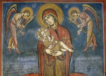 Madonna con Bambino tra gli Arcangeli, affresco (1192), Chiesa di Panayia Tou Araka (Chiesa di Nostra Signora del Pisello) (Lista del Patrimonio Mondiale dell