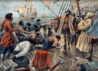 Magellano (1480-1521) calma una rivolta del suo equipaggio a San Julian nel 1520 (incisione)