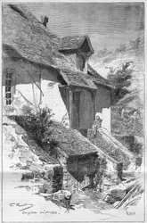 Casa di George Sand (Aurore Dupin, Baronne Dudevant) (1804-1876), scrittrice francese, a Gargilesse (Indre) sulle rive della Creuse in Francia. Incisione in "Le Monde Illustré"