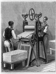 Fabbricazione di carte da gioco con i vecchi metodi. Cilindro di carte da gioco. Incisione del 1893.