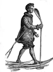 Uomo in costume tradizionale khanty (khante o ostiak) che caccia ermellino. I Khanty sono un popolo finno-ugrico che vive nella Siberia occidentale