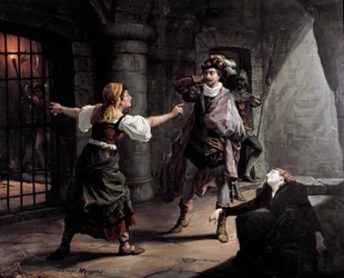 Manrico e Azucena sono imprigionati nella torre del Palazzo Aliaferia, Leonora cerca di salvarli Illustrazione per "Il trovatore" di Giuseppe Verdi (1813-1901). Litografia intorno al 1880. Collezione privata