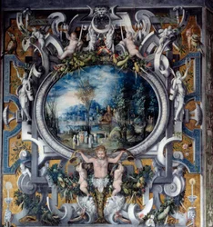 Mantello del camino del tributo a Giulio Cesare nella sala degli eroi romani