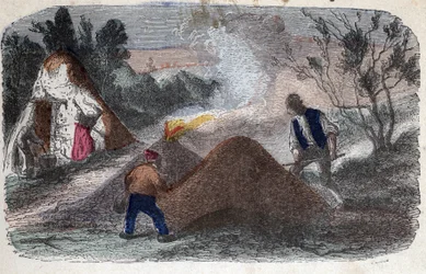 Fabbricazione del carbone nel XIX secolo: carbonai davanti a macine composte di legno e argilla a cui danno fuoco. Incisione fine XIX secolo