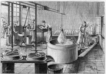 Fabbricazione del gruyere: una moderna fabbrica di formaggio. Incisione in "La Nature: revue des sciences et de leurs applications aux arts et a l