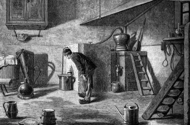Fabbricazione del kirsch: distillazione, castello di Isenberg in Alsazia. Incisione in "Le Journal de la jeunesse"