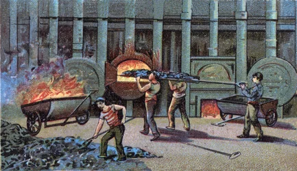 Fabbricazione del gas illuminante, cornu delutor. Cromolitografia della fine del XIX secolo