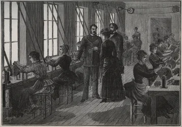 Fabbricazione di piume di metallo: officina di affilatura in Francia nel XIX secolo. Incisione del 1885 in 