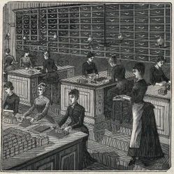 Fabbricazione di piume di metallo: selezione e confezionamento delle piume in una fabbrica in Francia nel XIX secolo. Incisione del 1885 in 