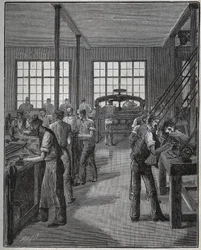 Fabbricazione di portapenne e portamatite. Incisione del 1885 in 