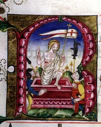 Manoscritto di un canto liturgico. Miniatura che rappresenta la resurrezione. XV secolo. Chiesa della Vergine Incoronata di Lodi.