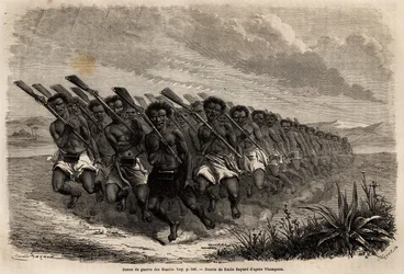 Danza di guerra Maori. Disegno di Emile Bayard per illustrare il viaggio di Ferdinand de Hochstetter in Nuova Zelanda dal 1858 al 1860. Incisione in "Le tour du monde", a cura di Edouard Charton