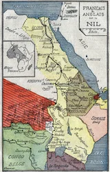 Mappa dei territori africani colonizzati da francesi e inglesi lungo il Nilo. Illustrazione in 