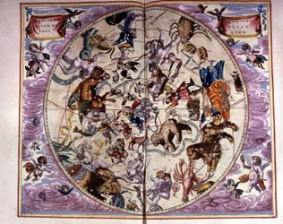 Mappa del cielo e segni dello zodiaco - facsimile di una composizione antica che rappresenta le costellazioni del cielo settentrionale, secondo 