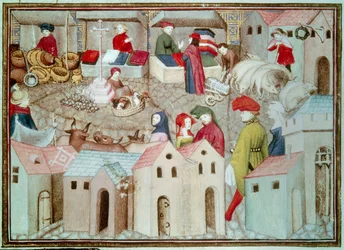 Marche de Champeaux a Parigi. Commercianti di bestiame e pollame, drappieri. Miniatura tratta da "Il cavaliere errante" di Thomas de Saluces (Tommaso III di Saluzzo), circa 1403-1404. Parigi, B.N.