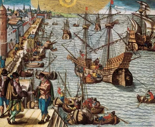 Commercio marittimo e commercio con le Indie Spagnole (colonia), in particolare la coltivazione della canna da zucchero. Partenza dal porto di Lisbona per le Indie Orientali, America e Brasile