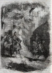 Marfisa e la vecchia incontrano Pinabel - incisione del 1851 da "Orlando furioso" (XVI secolo) di Ludovico Ariosto, noto come l