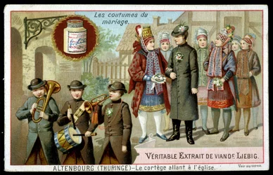 Usanze matrimoniali: la processione che va alla chiesa ad Altenburg (Turingia) - cromolitografia. Liebig, ca. 1895