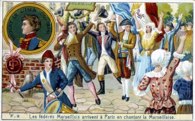 I federati di Marsiglia arrivano a Parigi cantando la Marsigliese - cromolitografia, fine XIX secolo