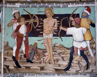 Martirio di San Sebastiano, vita di San Sebastiano (XV secolo), affreschi, Cappella di San Sebastiano, Villard-de-Lans, Rodano-Alpi, Francia