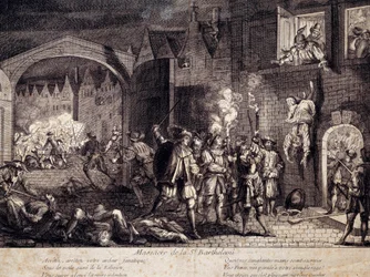 Massacro di San Bartolomeo a Parigi nella notte del 24 agosto 1572. Incisione del XVI secolo. Pau, Museo del Castello