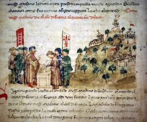 Mastino II della Scala (1308 - 1351) cede alla città di Firenze molte terre di Lucca, intorno al 1300 - nelle «Croniche del Sercambi», intorno al 1400. Archivio Nazionale, Lucca.
