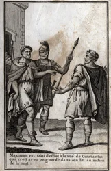 Massimiano Ercole (Marcus Aurelius Valerius Maximianus) (circa 250-310), imperatore romano, è preso dalla paura alla vista di Costantino (Costantino I, Flavio Valerio Aurelio Costantino, 272-306), suo genero, che pensa di aver pugnalato nel suo letto