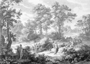 Incontro tra Ulisse che giaceva vicino a un fiume e Nausicaa. Incisione della fine del XIX secolo