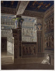 Memnonium Tebe, pl 37: Vista prospettica interna colorata del tempio dell