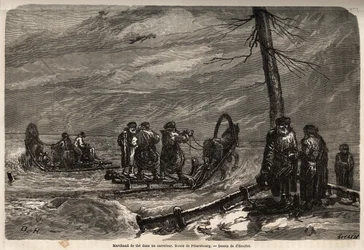 Mercante ambulante, a un incrocio innevato della strada per San Pietroburgo. Disegno di Henriet, per illustrare il suo viaggio nelle province baltiche russe nel 1851-54. Incisione in "Le tour du monde", a cura di Edouard Charton.
