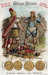 Merovingi: Clodoveo I che abbatte il soldato che aveva rotto il vaso di Soissons, nel 486. In Storia Generale delle Monete. Cromolitografia al cioccolato della fine del XIX secolo. Collezione privata.