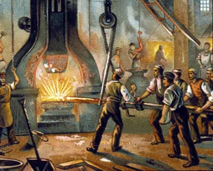 Metallurgia: martello a tamburo - Fabbricazione del ferro. Cromolitografia del 1890