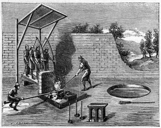 Metallurgia nel XVIII secolo: casa rimovibile per fabbri ambulanti. Incisione in "La Nature: revue des sciences et de leurs applications aux arts et a l