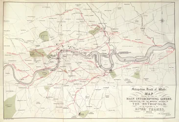 Mappa del Metropolitan Board of Works del piano di Bazalgette per le Linee dei Principali Fognature Intercettanti, costruite per il Miglioramento del Drenaggio della Metropoli