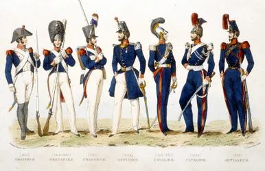 Uniforme militare: cacciatore (1815), granatiere (1815 - 1830), cacciatore (1830), ufficiale (1848), cavaliere (1815 - 1830), cavaliere (1848), artigliere (1848) - in "Fasttes de Gardes nationales de France"