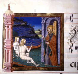 Miniatura che rappresenta la creazione di Adamo ed Eva da parte di Dio. Antifonario. XV secolo. Biblioteca di Lodi.