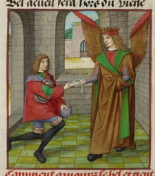 Miniatura di Amour (Amore) che consegna una lettera a un messaggero, da 