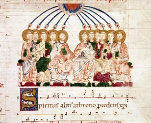 Miniatura della Pentecoste da un antifonario graduale (tropair) (ms. 65) XII secolo Piacenza, Biblioteca Capitolare