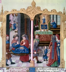 Miracoli di San Luigi: il re Luigi IX (1214-1270) guarisce un paralitico. Miniatura da un manoscritto 