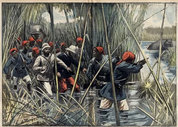 Missione Marchand (1896-1899) a Fascioda (Sudan): il capitano francese Baratier (1864-1917) e le sue truppe avanzano attraverso la palude verso Fascioda. (Secondo il diario di bordo del capitano Baratier). Illustrazione in «Le Pèlerin» del 6 novembre