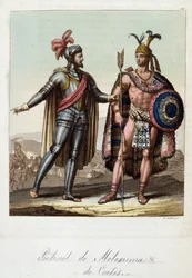 Montezuma II, re azteco, e Hernan (o Hernando) Cortes o Fernand Cortez (1485-1547), conquistador spagnolo - in "Il costume antico e moderno" di Ferrario, ed. Milano