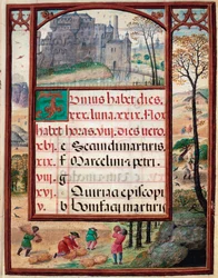 Mese di giugno: paesaggio e raccolti. Contadini al lavoro. Pagina del manoscritto 