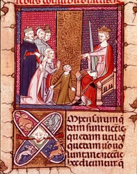 Madre e figlio davanti a un re, rappresentante della Giustizia. Miniatura tratta da 