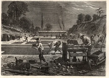 Moulage des bricques - Molding of bricks - incisione in 