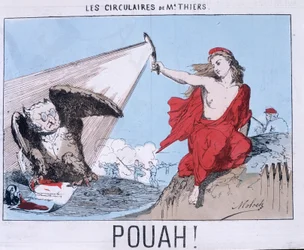 I volantini di Mr. Thiers - Pouah! : Caricatura di Thiers in Gufo e Marianne (La Comune) lo illumina